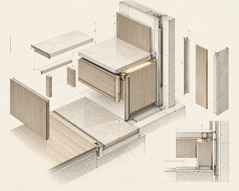 Conceptual exploded interior detail showing stone, timber, framing and concealed lighting